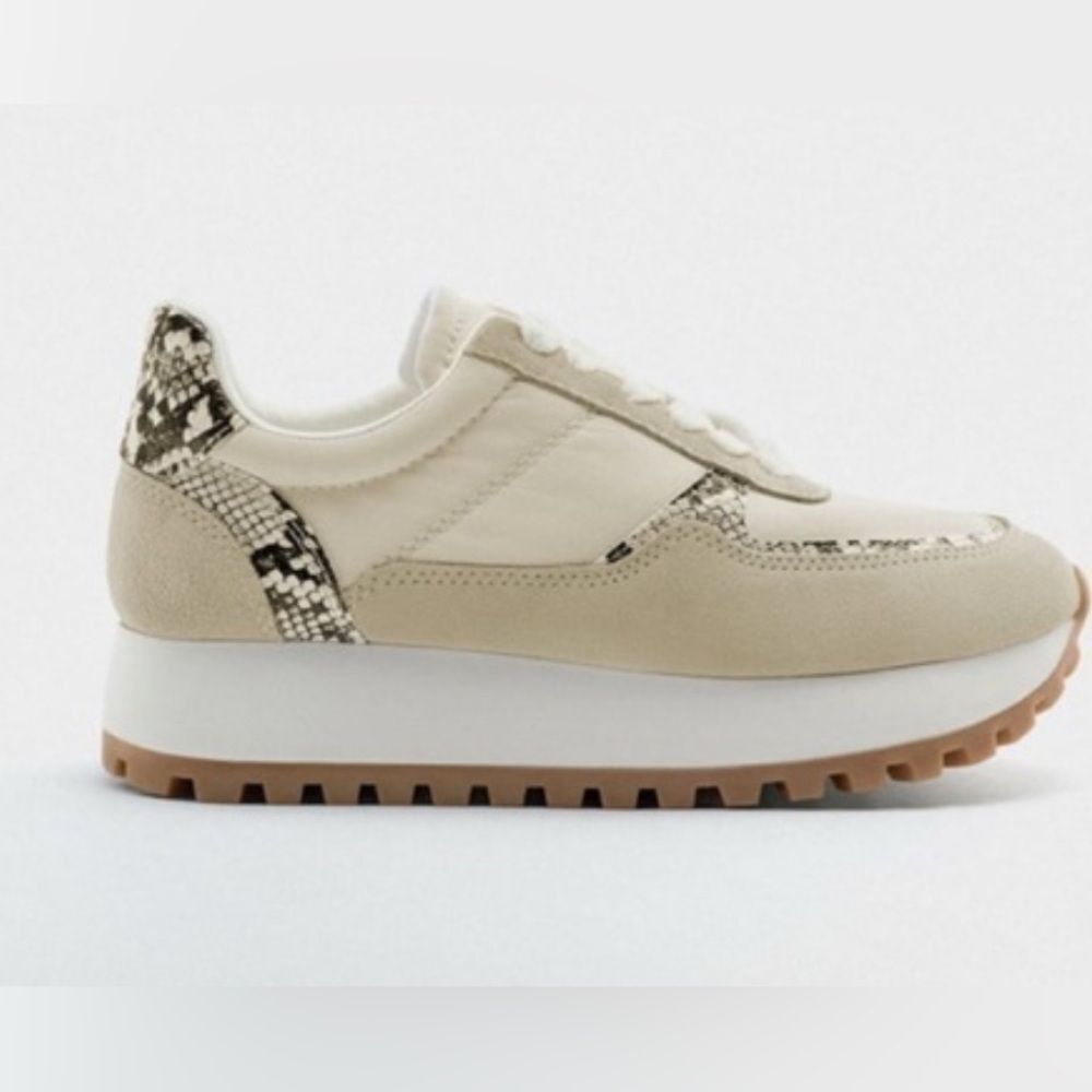 ZARA ATHLETIC PLATFORM SNEAKERS, suede and snake print trim. New 8